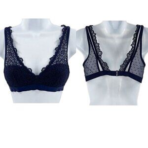 2/$30 Aerie Swiss Dot Lace Plunge Bralette Bra Navy Blue Small Wide Strap Sheer